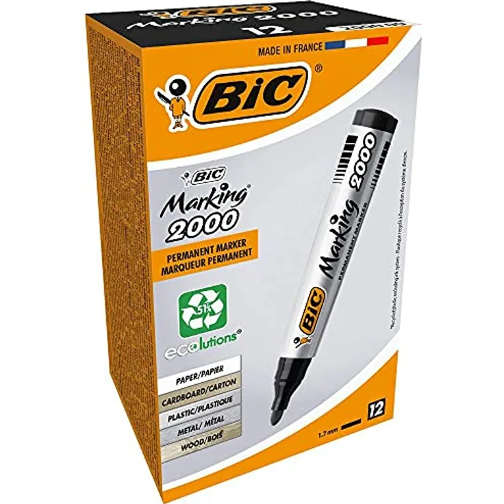 BIC Marking 2000 Permanent Marker, in Schwarz, Wasserfester Stift für Glas, Metall, Holz & Co, Strichstärke 1,7 mm, 12 Stück (1er Pack)