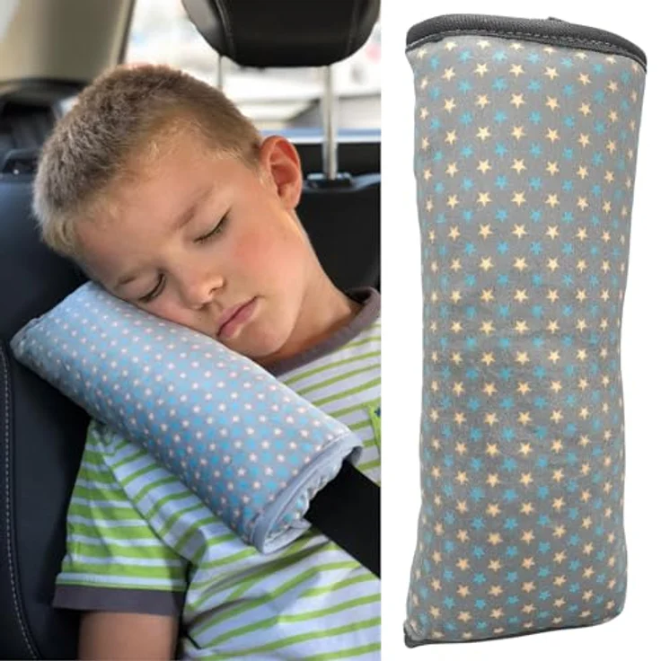 HECKBO Auto Schlafkissen für Kinder - Sterne Design, maschinenwaschbar, kuschelweich, Gurtkissen und Reisekissen für Autofahrten und Reisen – Bild 1