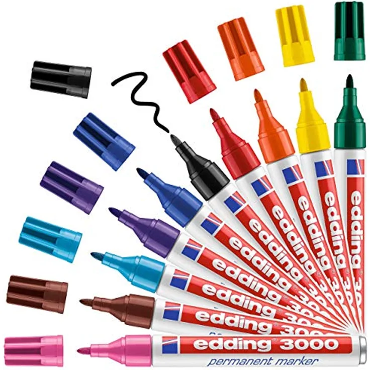 edding 3000 Permanentmarker - 10 Stifte in Stiftehalter - Rund-Spitze 1,5-3 mm - schnell trocknender Permanent Marker - wasserfest, wischfest - für Karton, Kunststoff, Holz, Metall - Universalmarker