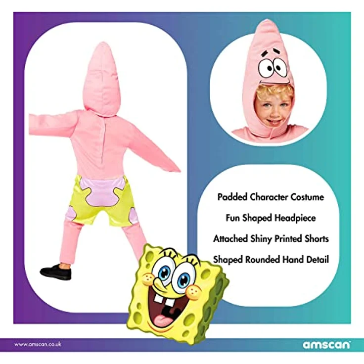 Amscan Kinderkostüm Patrick, rosafarbener Overall mit Mütze für 3-4 Jahre (104), lizenziertes Spongebob-Design – Bild 5