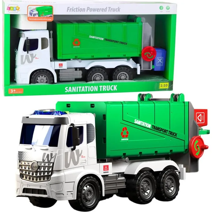 Wisam Großer Müllwagen mit Hebefunktion, 2 Mülltonnen, Lichter, Grün, 1:10