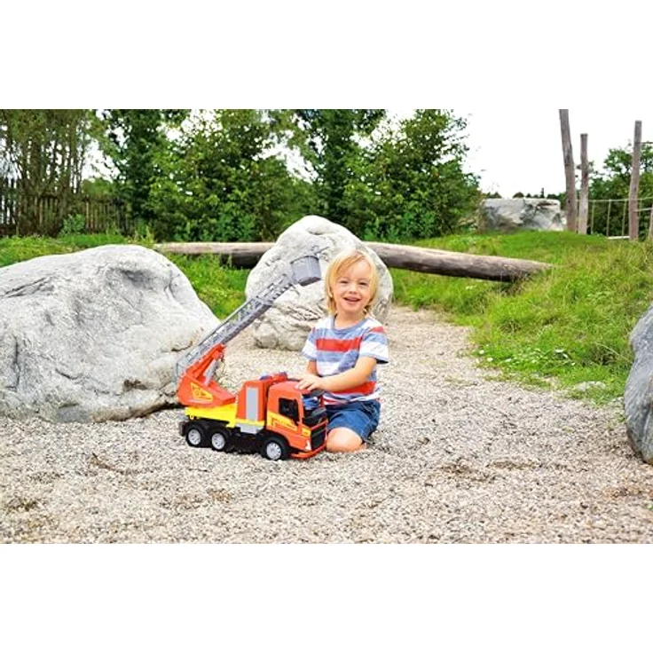 Lena WORXX Feuerwehr Volvo FMX, Spielzeugauto mit funktionaler Spritzfunktion, drehbarem Turm und ausziehbarer Leiter, Schaukarton – Bild 4