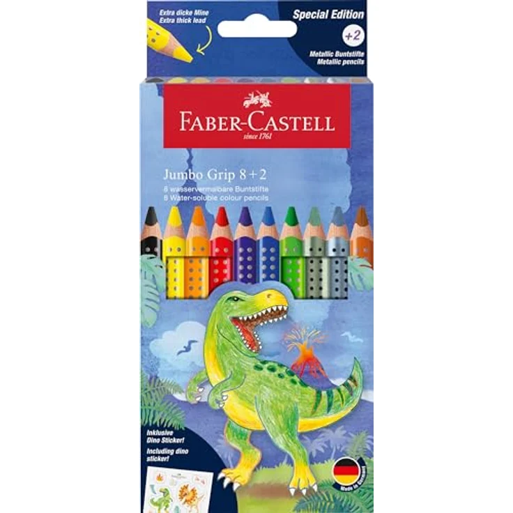 Faber-Castell Buntstift Buntstifte Jumbo GRIP Dino - 8+2 Farben, Kartonetui inkl. Dinosticker – Bild 2