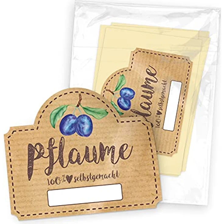 itenga 50x Marmeladen Etikett Pflaume, selbstklebende Sticker aus hochwertigem Papier, 4,5x3,8 cm, 100% selbstgemacht, braun, beschriftbar – Bild 2