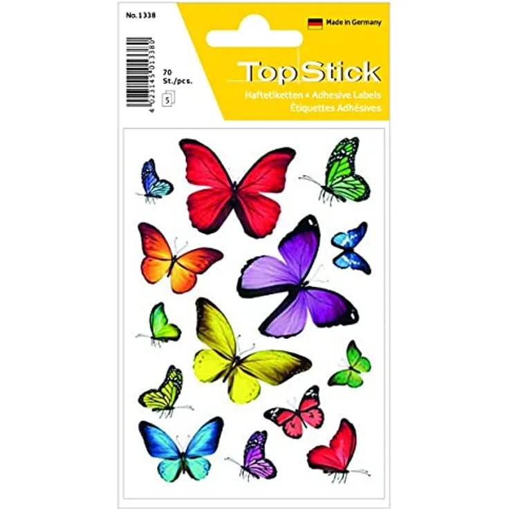TopStick 1338 Sticker Schmetterlinge, 10er Set (700 Aufkleber, Papier, matt) selbstklebende Deko-Sticker für Geschenk, Geburtstag, Briefe, Fotoalbum, Tagebuch, Scrapbooking, Dekoration, bunt
