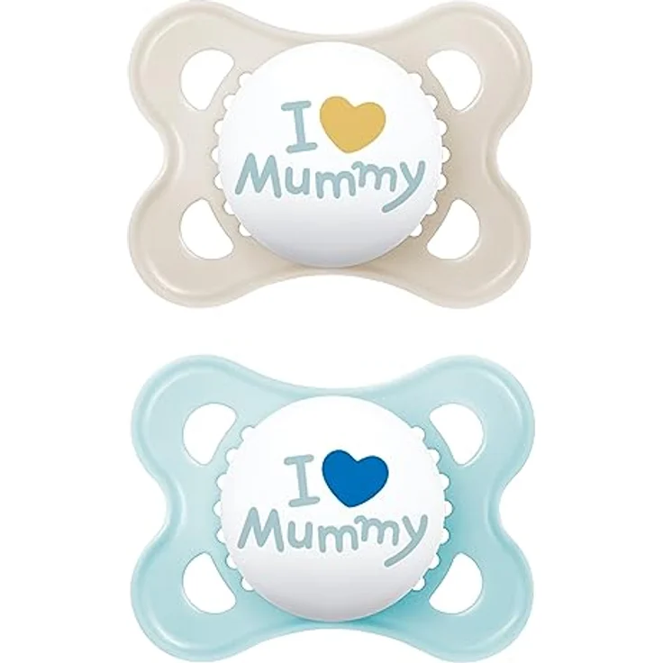 MAM Original Schnuller im 2er-Set, zahnfreundlicher Baby Schnuller aus nachhaltigen & bio-erneuerbaren Materialien, Sauger aus MAM SkinSoft Silikon, mit Schnullerbox, 0-6 Monate, blau/beige – Bild 1