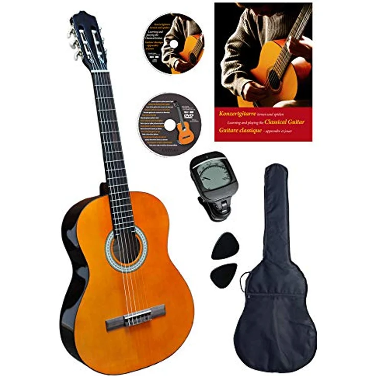 Konzertgitarre 4 4, Clifton, Starter Set, laminierte Fichtendecke, Farbe Palisander mit cremefarbigen Randeinlagen, inkl. Tasche gepolstert mit Rucksackriemen, Lehrbuch mit vielen Hits und Karoke-CD, Lern DVD, Cliptuner (Stimmgerät) mit LCD-Nadelanzeige mit Hintergrundbeleuchtung, 2 Plektren, Rosewood Griffbrett und Brücke – Bild 1