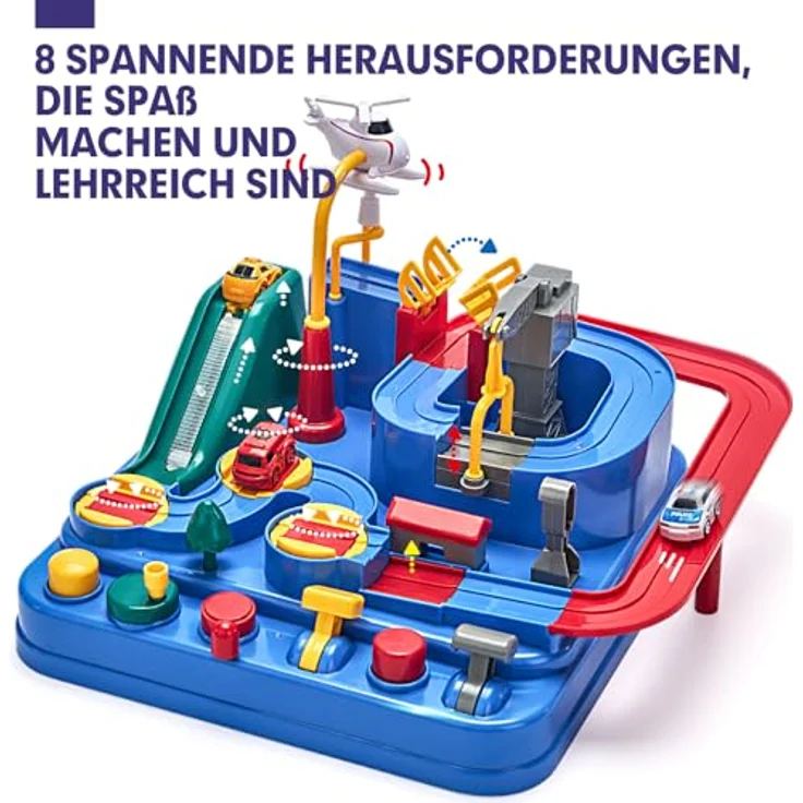 hahaland Autorennbahn Abenteuer Set, Spielzeugauto für Kinder ab 2 Jahre, 3 Mini-Fahrzeuge (Polizei, Krankenwagen, Feuerwehr), fördert Motorik und Problemlösungsfähigkeiten – Bild 2