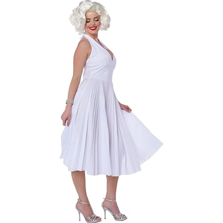 Metamorph Marilyn Kostüm, weißes knielanges Neckholderkleid mit runden Faltenrock, Größe L – Bild 4