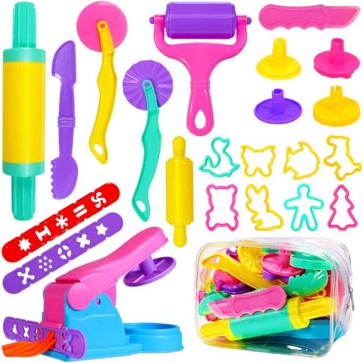 Jiosdo Knetwerkzeug, 22 Stück Knete Zubehör Kinder Plastilin Werkzeuge, Knete Ausstechformen Extruder Modellierwerkzeug Knete Dough Set, Geschenk für Kinder Jungen Mädchen (mit Aufbewahrungstasche) – Bild 2