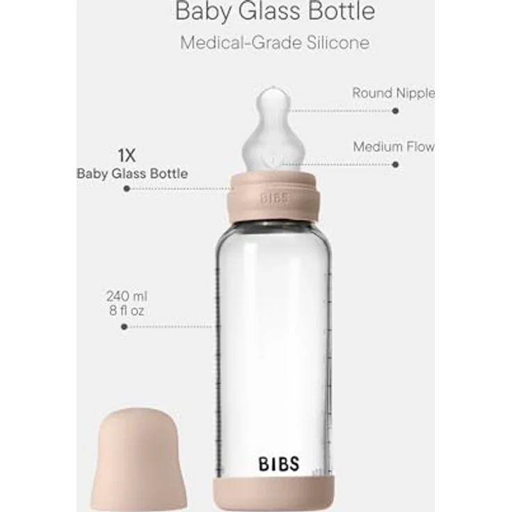 BIBS Baby Glasflasche 240ml, runder Silikonsauger, kolikreduzierend, unterstützt das Stillen, Blush – Bild 2