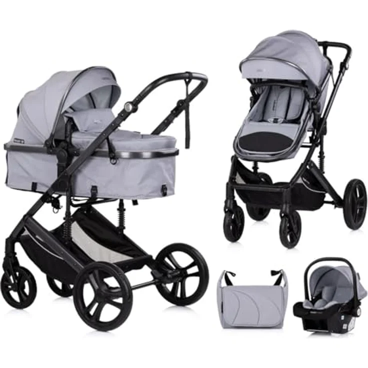 Chipolino Kinderwagen 3 in 1 Amore, mit Babyschale, Adapter, Wickeltasche und Fußabdeckung, hellgrau – Bild 1