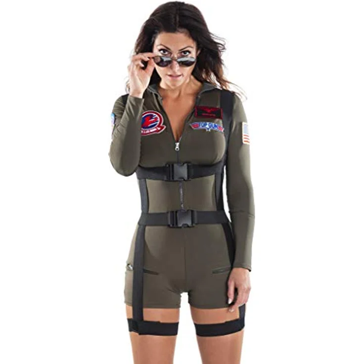 Maskworld Top Gun Romper Damen Kostüm, lizenziertes 80er Jahre Film-Outfit mit Reißverschluss und Aufnähern, Größe XL – Bild 1
