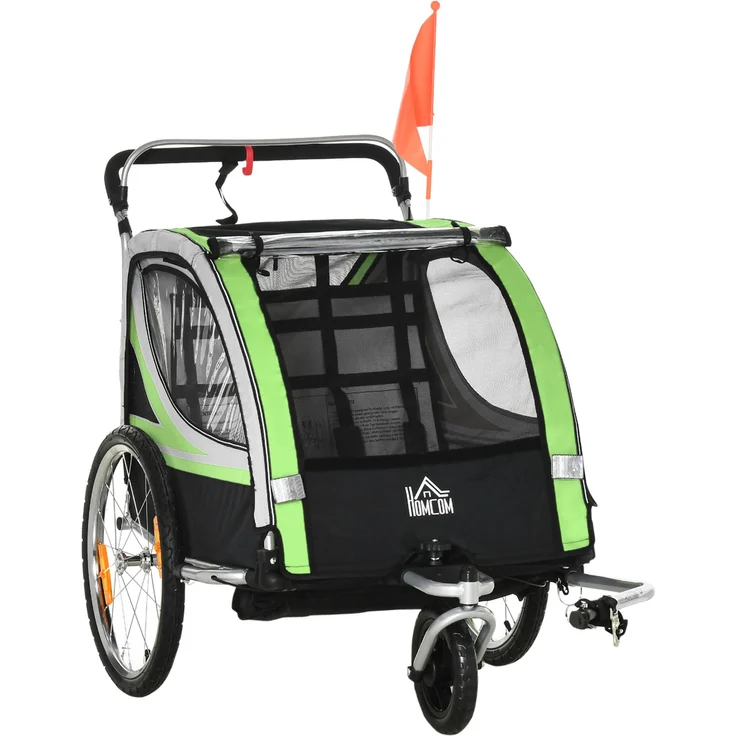 MH Handel GmbH 2-in-1 Fahrradanhänger für 2 Kinder, Schiebefunktion, Regenschutz, Bremse, grün