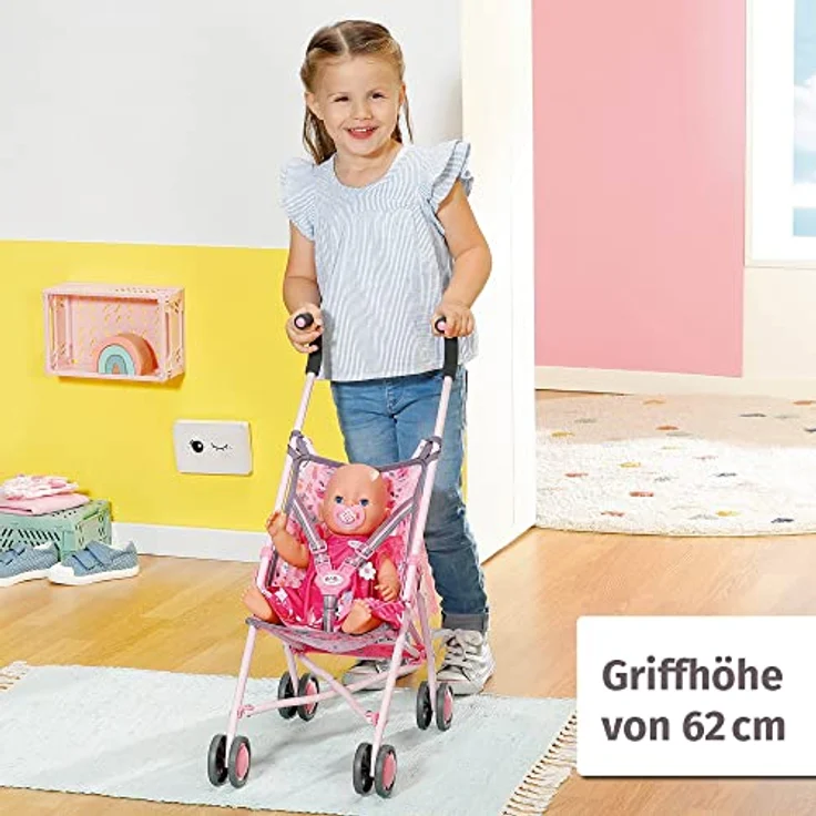 BABY born Zapf Creation 832547 Stroller mit Tasche-Faltbarer Puppenwagen mit Netz und 3-Punkt-Gurt, 62cm Griffhöhe in rosa – Bild 5