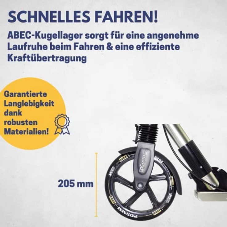Best Sporting Cityroller, City-Scooter schwarz-gold mit 205 mm High-Rebound-Rollen, klappbar, bis 100 kg Tragkraft, 3-fach höhenverstellbarer Lenker – Bild 4