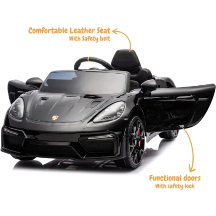 Vrooomy Porsche 718 Spyder RS, Kinder Elektroauto 12V mit Fernbedienung, schwarz, für 1 bis 5 Jahre, MP3-Player, LED-Beleuchtung, Sicherheitsgurt, offizielle PORSCHE-Lizenz – Bild 3
