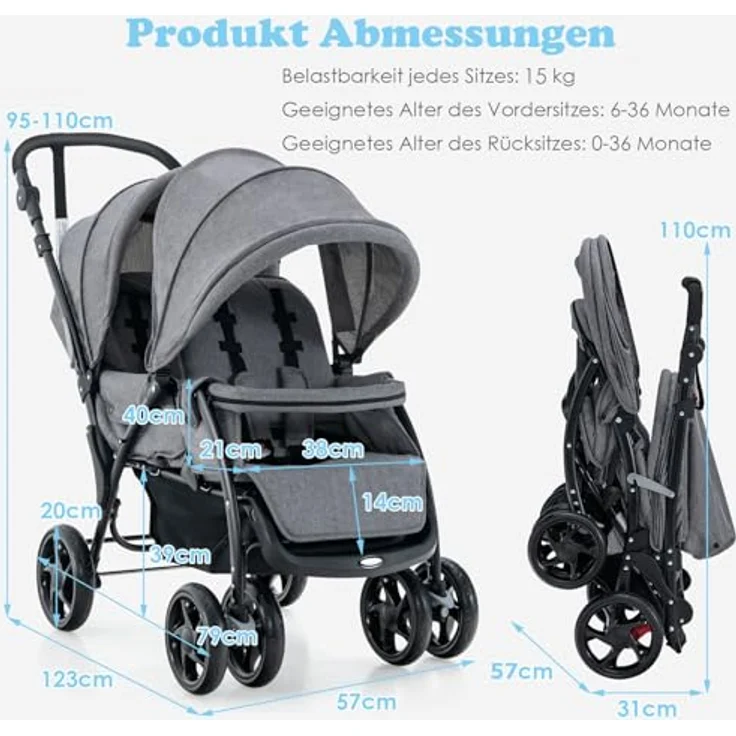 GOPLUS Geschwisterwagen Zwillingswagen, Kinderbuggy Klappbar, Buggy Zwilinge, Kinderwagen Babybuggy, Babywagen Grau, für Babys ab 6 Monate – Bild 9