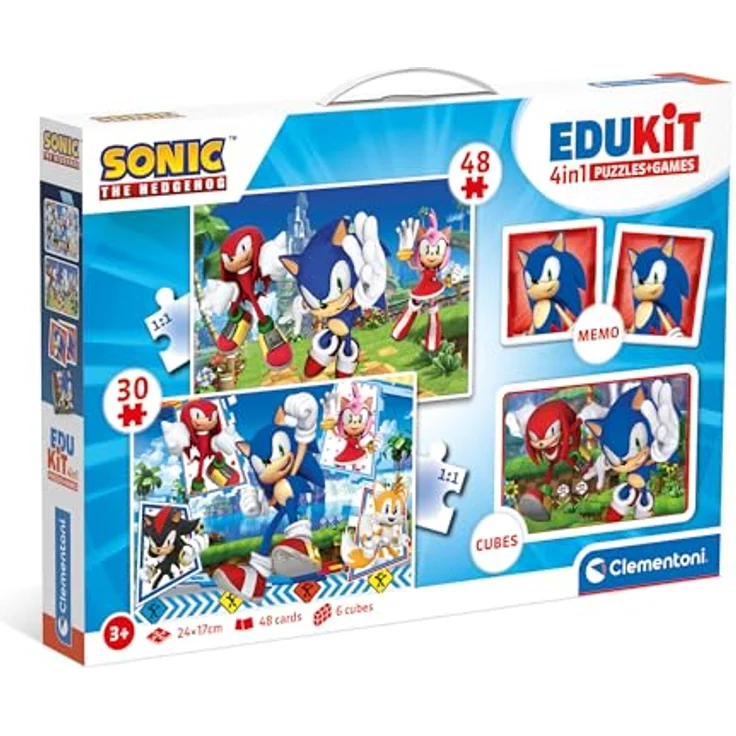 Clementoni Edukit 4 in 1 Sonic Spielset, Memo, Puzzle 30 & 48 Teile, 6 Würfel - pädagogische Spiele für Kinder ab 3 Jahren, fördert Gedächtnis und Logik – Bild 1