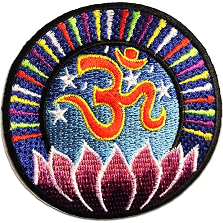 Om Symbol Spirituell Meditation - Aufnäher, Bügelbild, Aufbügler, Applikationen, Patches, Flicken, Zum Aufbügeln, Größe: Ø 8 cm, Farbe:blau