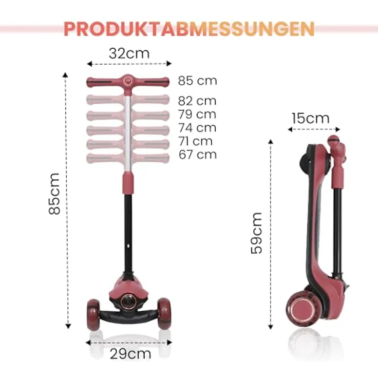 Habib Gruppe Kinderroller Tretroller 3-Rad mit LED Frontlicht und Rücklicht, faltbar, höhenverstellbar, rutschfest und pannensicher (Rot) für Kinder von 3-10 Jahren – Bild 3