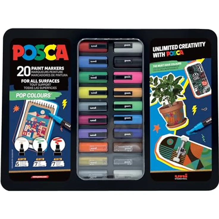 POSCA Uni-Ball 186832 Marker Set, 20 Acrylstifte Pop Colours mit PWE5M Spitze, Wasserfeste Farbmarker im Etui für verschiedene Oberflächen