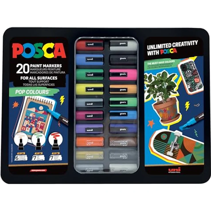 POSCA Uni-Ball 186832 Marker Set, 20 Acrylstifte Pop Colours mit PWE5M Spitze, Wasserfeste Farbmarker im Etui für verschiedene Oberflächen – Bild 1