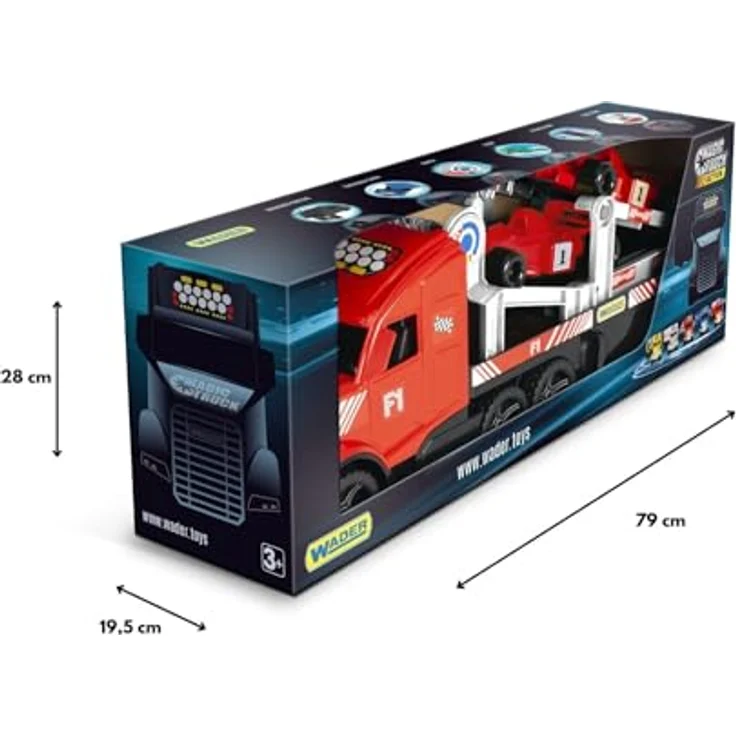 Wader 36241 Magic Truck Formel 1 Transporter mit Seilwinde, Größe ca. 79 cm, für Kinder ab 3 Jahren, schadstofffreies Spielzeug mit leuchtenden Scheinwerfern – Bild 4