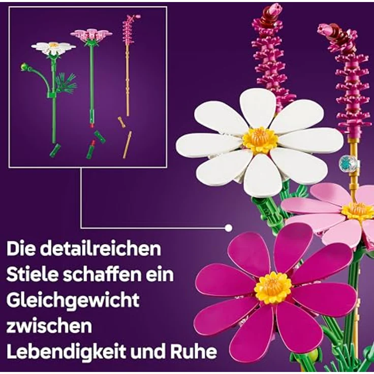 LEGO Botanicals Kosmeen 11514, Künstlicher Blumenstrauß mit 3 Kosmeen in weiß, rosa und violett & 2 Lampenputzergras Stielen, DIY Kunstblumen Deko für Kinderzimmer, ab 9 Jahren, Geburtstagsgeschenk für Mädchen & Erwachsene – Bild 3