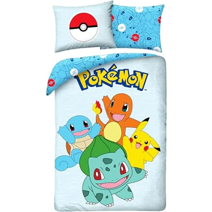 Halantex Bettwäsche-Set Pokemon Pikachu, 2-teilig 140 x 200 cm + 1 Kissenbezug 70 x 90 cm, 100% Baumwolle, Oeko-TEX, ganzjährig nutzbar, für Einzelbett