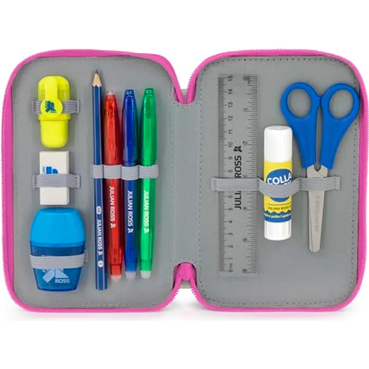 Clondo 3-Fach Federmäppchen Mädchen, gefüllt mit 46 Teilen - inklusive radierbarer Gelstifte, Filz- und Buntstifte, ideal für Schule und Geschenke, 20 x 12 x 7 cm – Bild 2