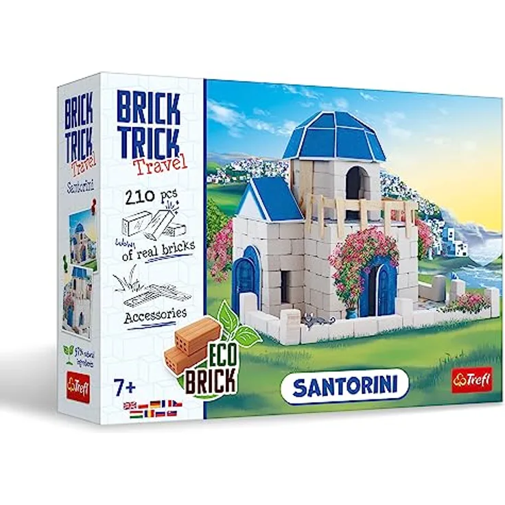 Brick Trick Trefl Travel: Santorini - Ziegelstein Kreativ-Set, 210 Bausteine, für Kinder ab 7 Jahren, weißes getünchtes Haus, Griechenland
