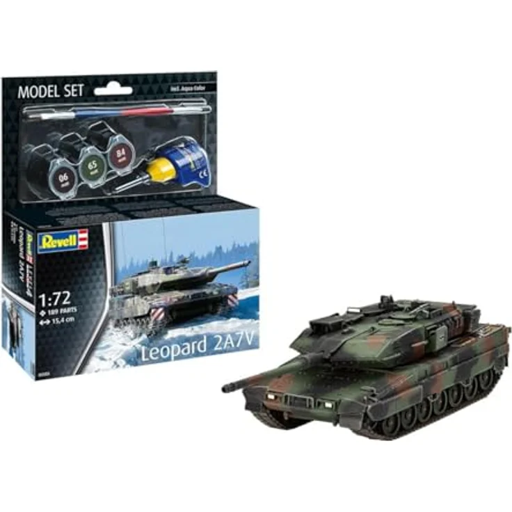 Revell Model Set Leopard 2 A7V, modernisierter Kampfpanzer mit drehbarem Turm und zweiteiliger Kette, inklusive Zubehör – Bild 1