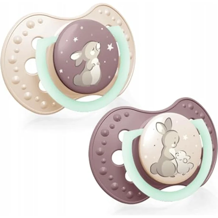 LOVI Dynamic Schnuller, BPA-freier Schnuller aus Silikon mit zusätzlichen Öffnungen, Im Dunkeln leuchtende Schnuller, Hygieneschutzhülle, 2 Stück, Rosa (6-18, Night & Day Girl) – Bild 1