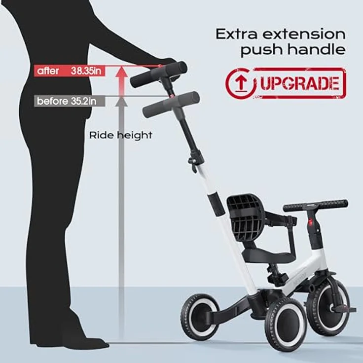 newyoo 5 in 1 Laufrad Dreirad, ab 1 Jahr mit Schubstange, verstellbarem Sitz und abnehmbaren Pedalen, bis 25 kg, Weiß – Bild 5