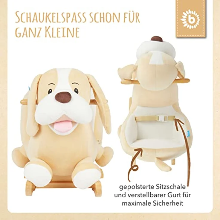Bieco Plüsch Schaukeltier Hund 'Sam' | Kinder Schaukelstuhl mit Sicherheitsgurt | Baby Schaukel | Schaukel Kleinkind | Schaukeltier Baby Zimmer | Baby Schaukelwippe ab 9 Monate | Schaukelpferd Holz – Bild 3
