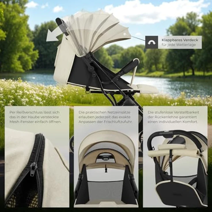 tectake Buggy Kinderwagen von 0 bis 3 Jahre, einhändig faltbarer Reisebuggy, grau/beige – Bild 4
