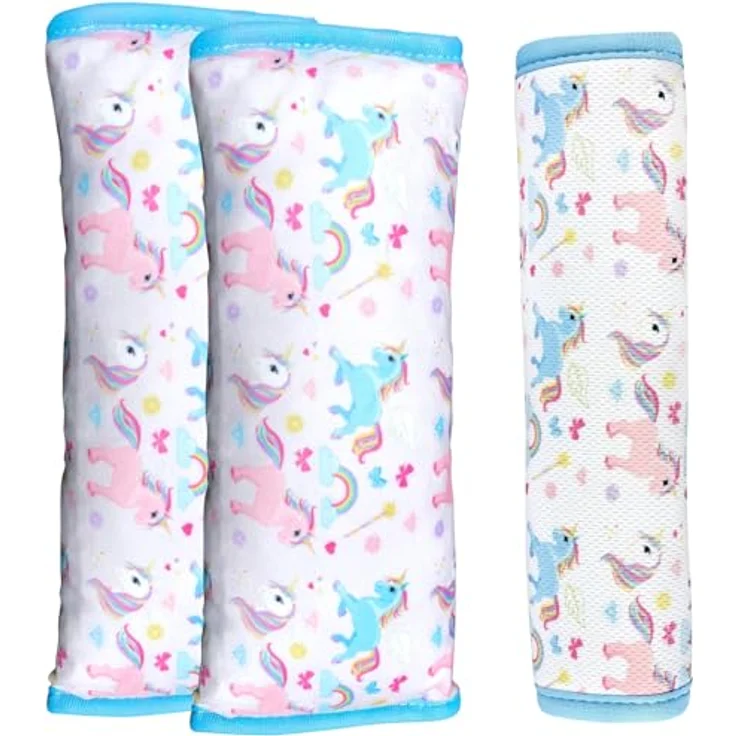 HECKBO 2x Gurtkissen + 1x Gurtschoner Einhorn, Universelle Passform, Maschinenwaschbar und Farbenfrohes Design für Kinder – Bild 1