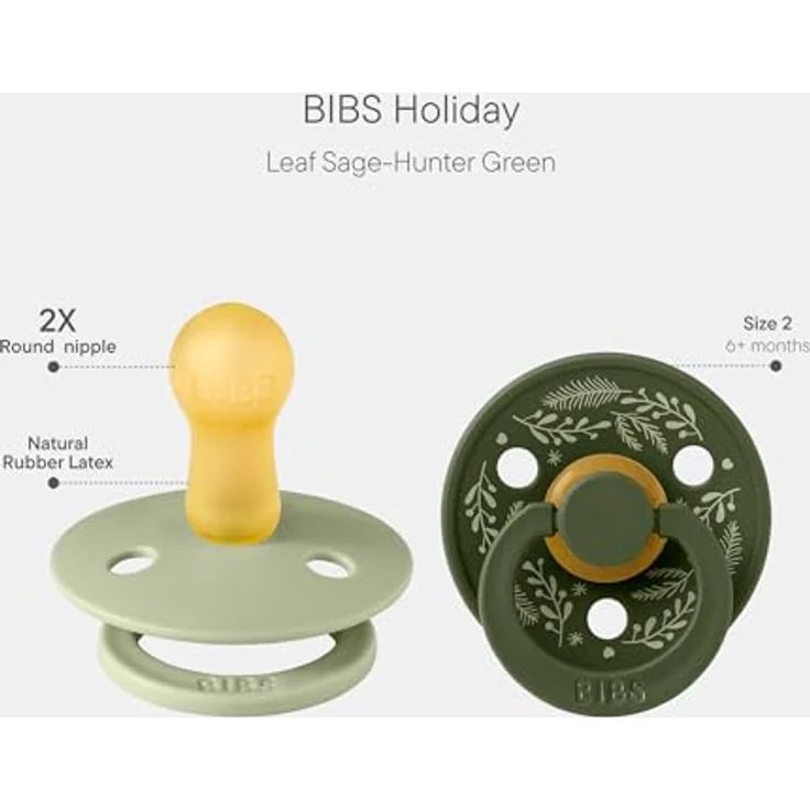 BIBS Colour Holiday Schnuller 2er-Pack, BPA-frei Kirschform Nippel, Naturkautschuk/Latex, Größe 2 (6-18 Monate), Sage/Hunter Green – Bild 2