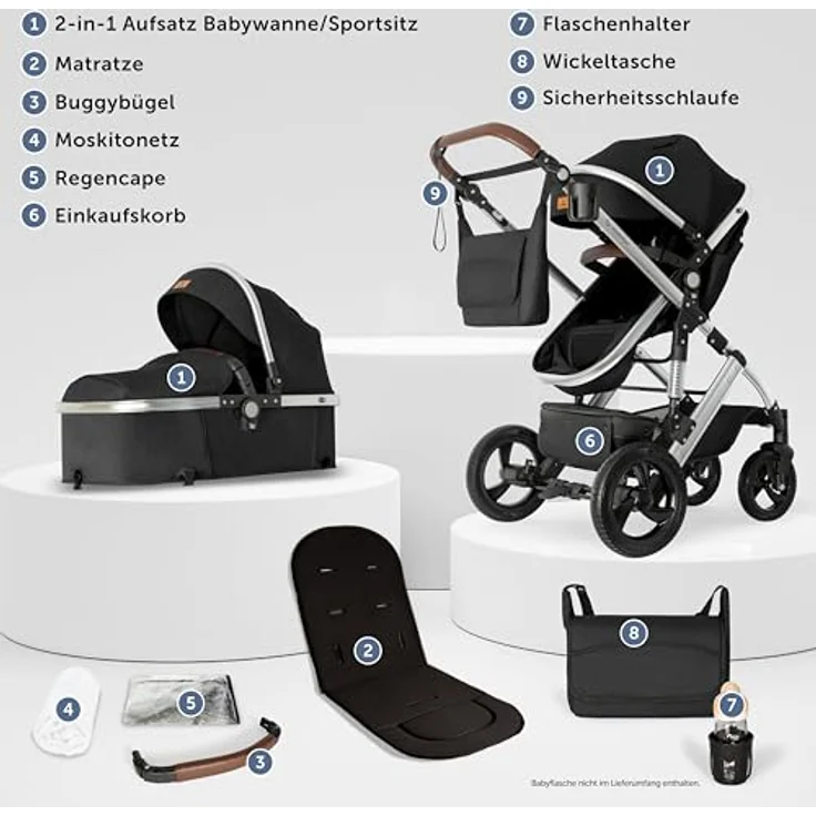 Bergsteiger Nizza 3 in 1 Kinderwagen, Kombikinderwagen Komplettset, Babywanne & Buggy Sportsitz inklusive, Auto-Babyschale & Isofix Station optional, grau – Bild 3