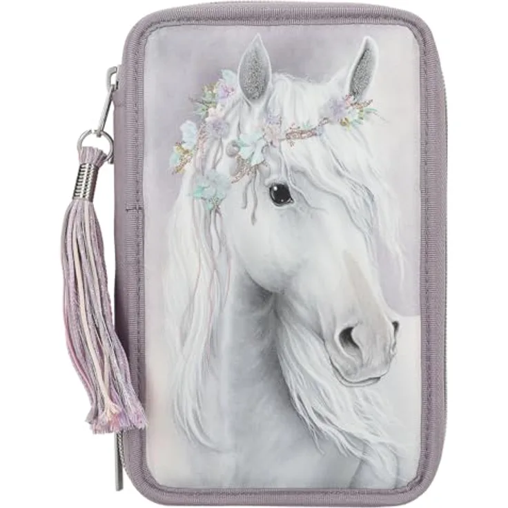 Depesche 13126 Miss Melody Fantasy Horse - Gefüllte 3-Fach Federtasche in Blasslila, mit Pferde Motiv und Glitzer, Federmappe mit Buntstiften, Lineal, Schere UVM.