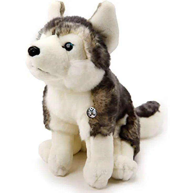Kuscheltiere.biz Husky Kuscheltier Hund sitzend Schlittenhund grau-weiß Plüschtier Nikita - Naturrealistischer Husky, blauen Knopfaugen, Lebensecht mit dunklen Haarspitzen, 40 cm, waschbar bei 30°C