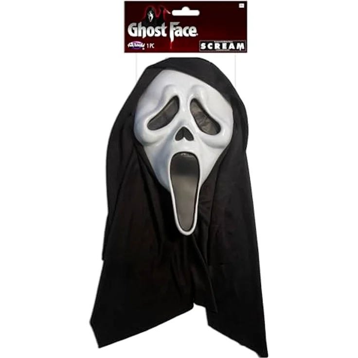 Fun World Ghostface Scream Maske, originale Halloween Verkleidungsmaske mit angenähter schwarzer Stoffkapuze – Bild 4