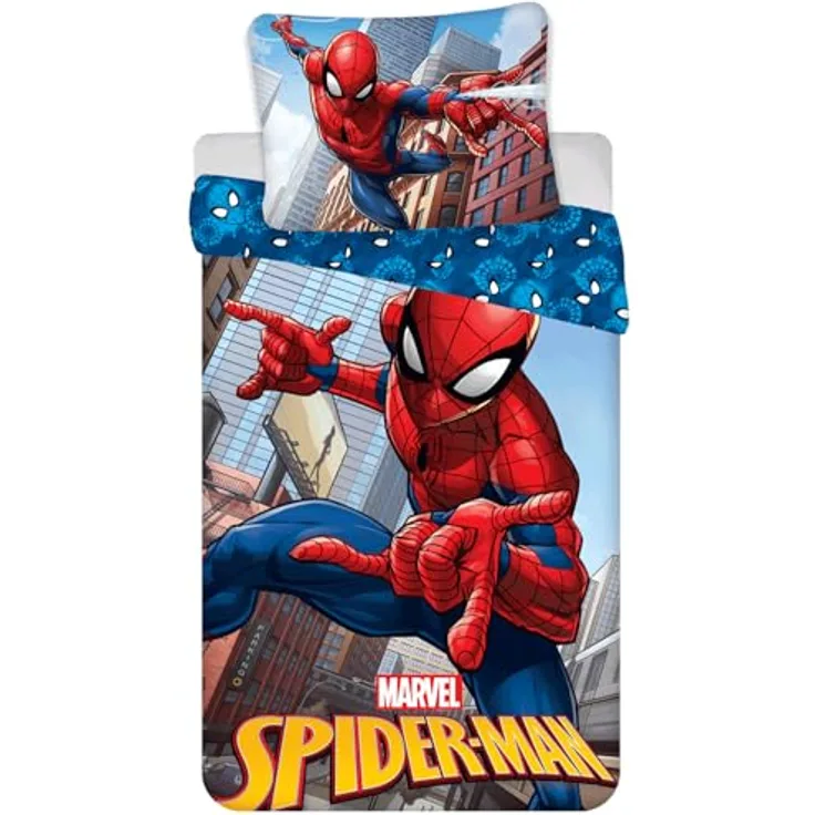 Jerry Fabrics Spiderman Wende Bettwäsche Kopfkissen Bettdecke 135/140x200 cm blau, 100% Baumwolle, atmungsaktiv und pflegeleicht