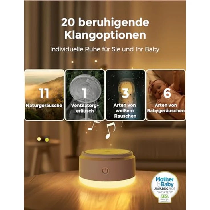 Momcozy Geräuschmaschine für Babys, Tragbare Einschlafhilfe mit 20 beruhigenden Geräuschen, Touch-Licht und Timer, Gelb – Bild 2