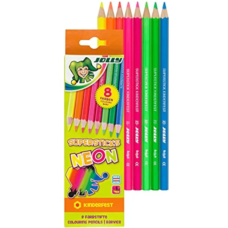 Jolly Superstick Neon Buntstifte Farbstifte | Kinderfest und Bruchsicher | Ungiftig | extra dicke Mine | 8 Stifte im Kartonetui