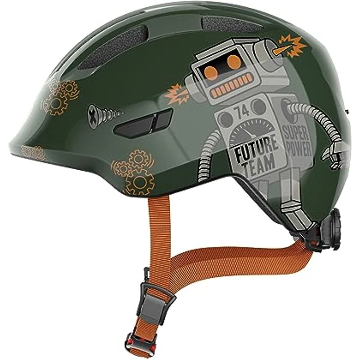 ABUS Kinderhelm Smiley 3.0 - Fahrradhelm mit tiefer Passform, kindergerechten Designs & Platz für einen Zopf - für Mädchen und Jungs - Grün mit Roboter-Muster, Größe S – Bild 1