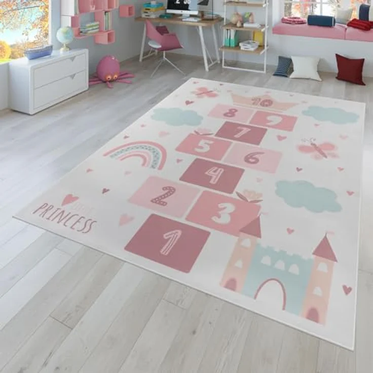 TT Home Kinderteppich, rutschfest, Tiere und Weltkarte, Rosa Creme, 160x220 cm, 100% Polyester, maschinell gewebt, STANDARD 100 by OEKO-TEX – Bild 1