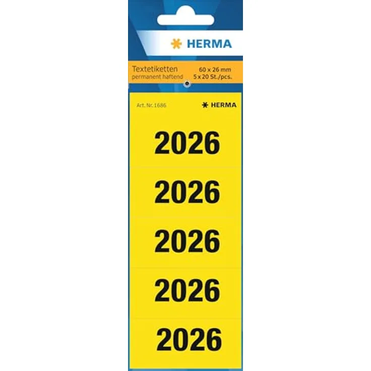 HERMA 1686 Jahreszahlen Aufkleber 2026, selbstklebende Textetiketten in Gelb, 100 Stück, 60 x 26 mm, blickdicht, matt, FSC-zertifiziert
