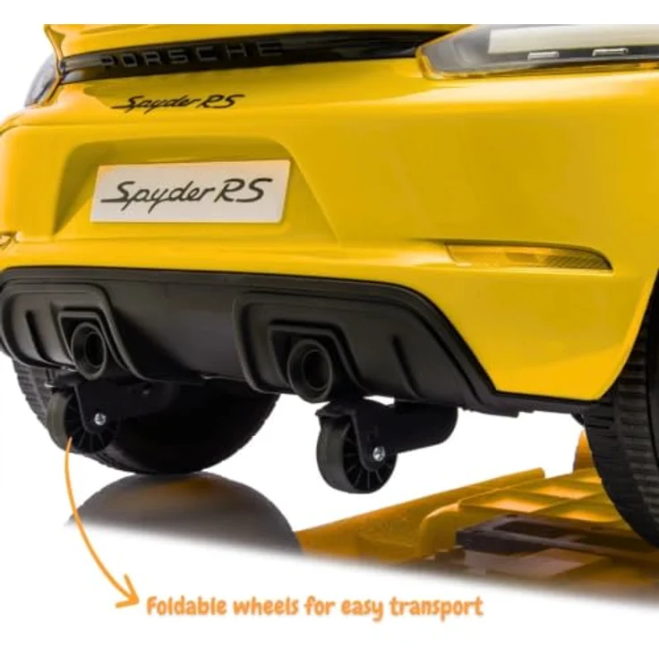 Vrooomy Porsche 718 Spyder RS, Kinder Elektroauto 12V mit Fernbedienung, schwarz, für 1 bis 5 Jahre, MP3-Player, LED-Beleuchtung, Sicherheitsgurt, offizielle PORSCHE-Lizenz – Bild 8